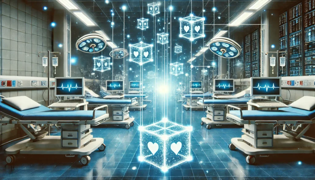 Futuristic Hospital with Blockchain Nodes – Depicts a modern hospital with glowing blockchain nodes interconnected, symbolizing secure data transfer and decentralized patient records.