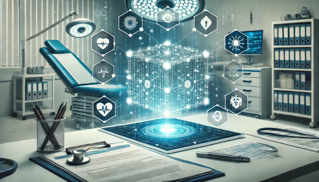 Digital Health Record System with Blockchain – Visualizes a futuristic doctor's office where encrypted, floating blockchain-ledger patient records ensure data integrity and security.