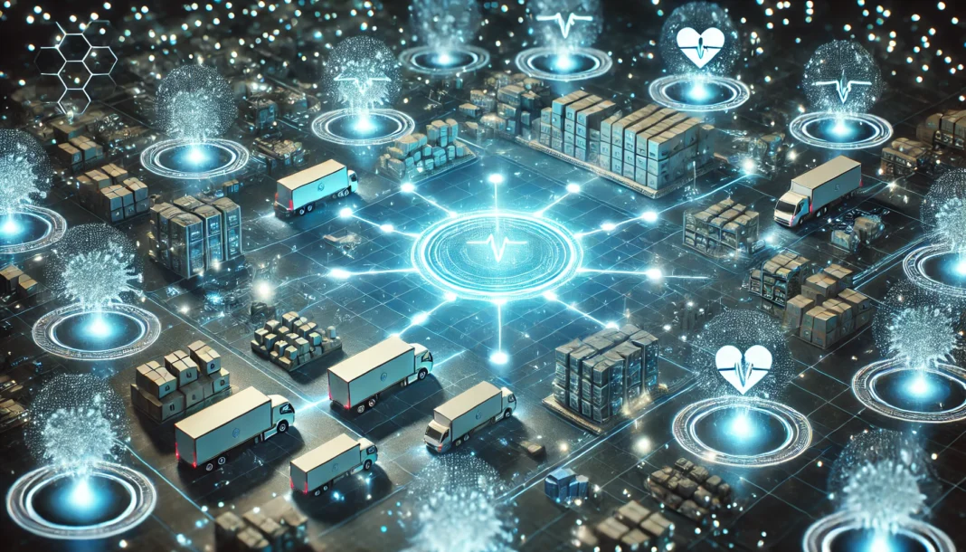 Healthcare Supply Chain with Blockchain – Represents a futuristic logistics center tracking medical supplies with blockchain nodes, ensuring transparency and efficiency in supply chain management.