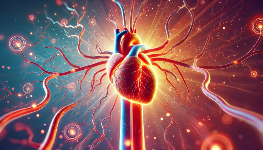 A conceptual digital artwork showcasing the human circulatory system, with arteries and veins branching from a radiant heart. A soft gradient background represents oxygen flow and circulation.