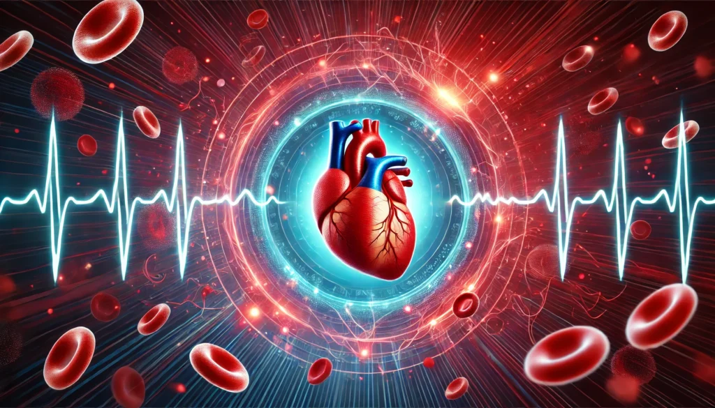 A symbolic representation of cardiovascular health, featuring a central heart surrounded by floating red blood cells and glowing arteries. The background transitions from deep red to blue, signifying oxygenation and blood flow.