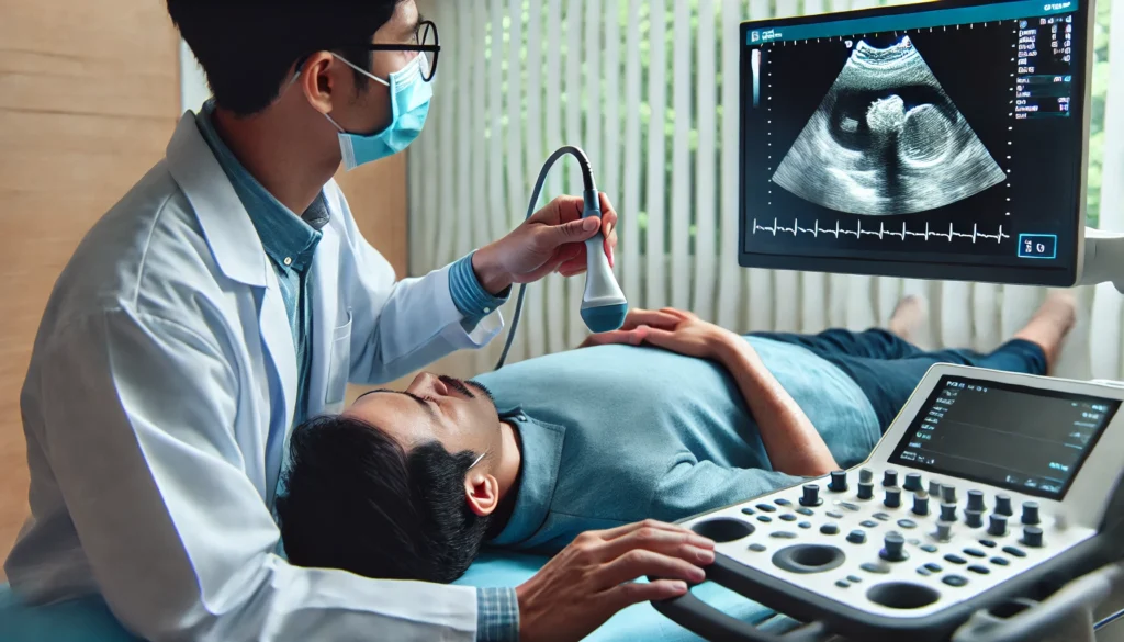 A medical technician conducting an echocardiogram, using an ultrasound probe to capture images of a patient’s heart on a hospital screen.