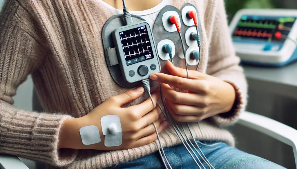 Holter Monitor Test: A patient wearing a small portable ECG device with multiple electrodes attached to their chest while going about daily activities.
