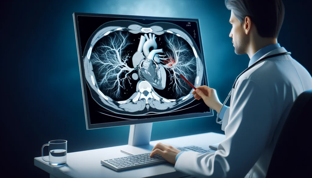 Cardiac CT Scan: A radiologist examining a high-resolution 3D image of the heart and blood vessels on a medical screen.