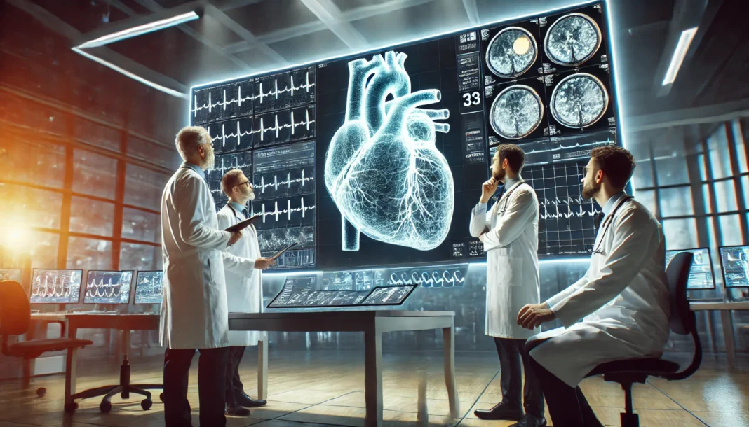 A team of doctors reviewing advanced medical scans of a patient's heart attack risk on a large digital screen, surrounded by high-tech equipment in a professional clinical setting.