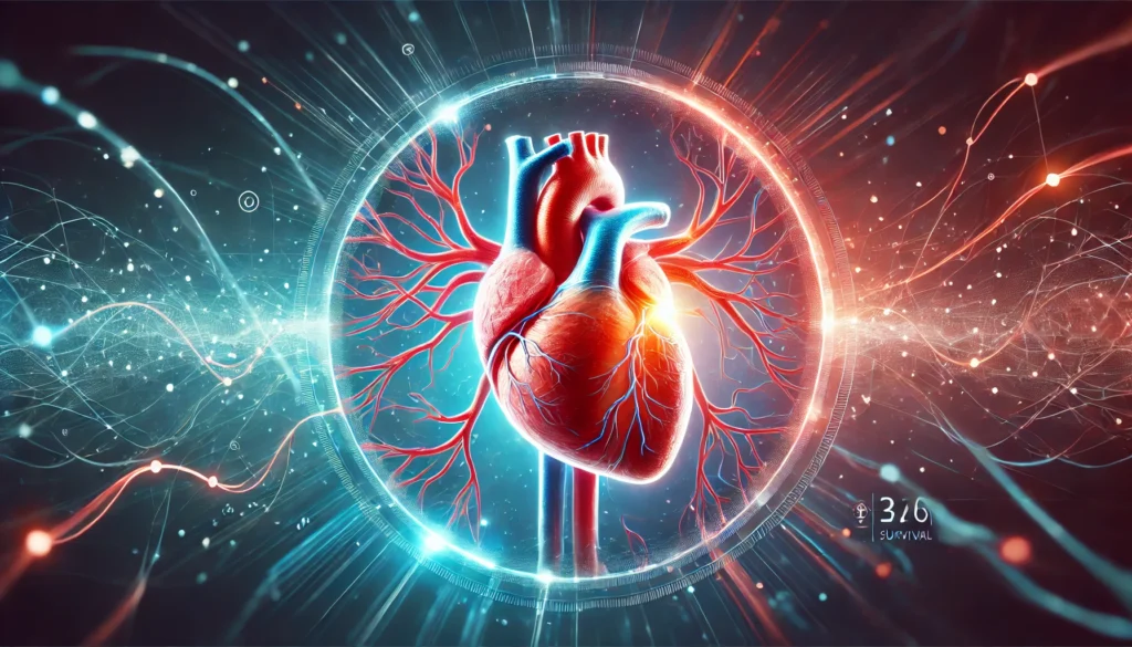 A conceptual illustration of a human heart with glowing red and blue arteries, representing groundbreaking discoveries in heart attack prevention and survival statistics.