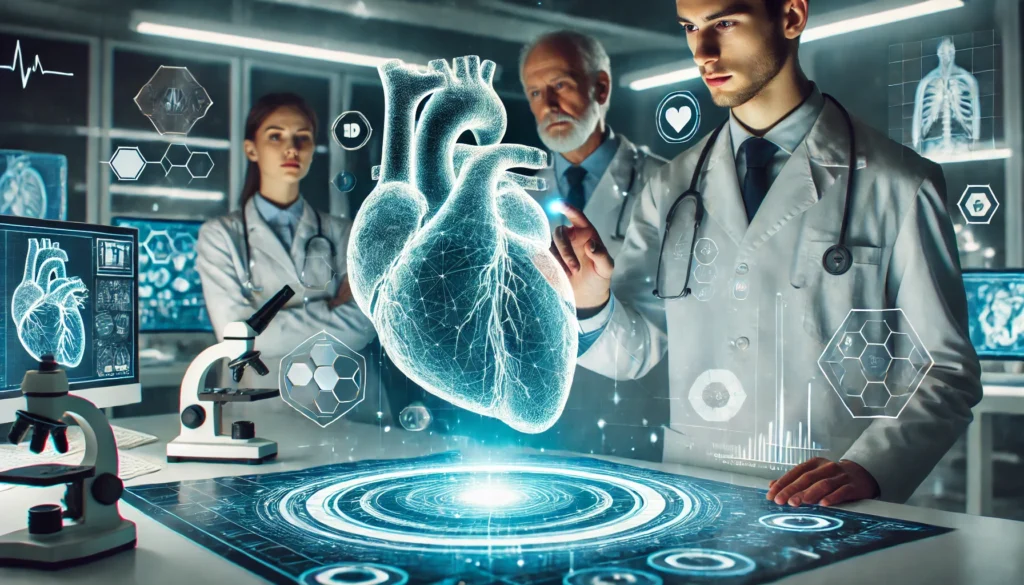 A medical research team in a modern laboratory examining a 3D holographic projection of a human heart, emphasizing advanced cardiovascular studies.