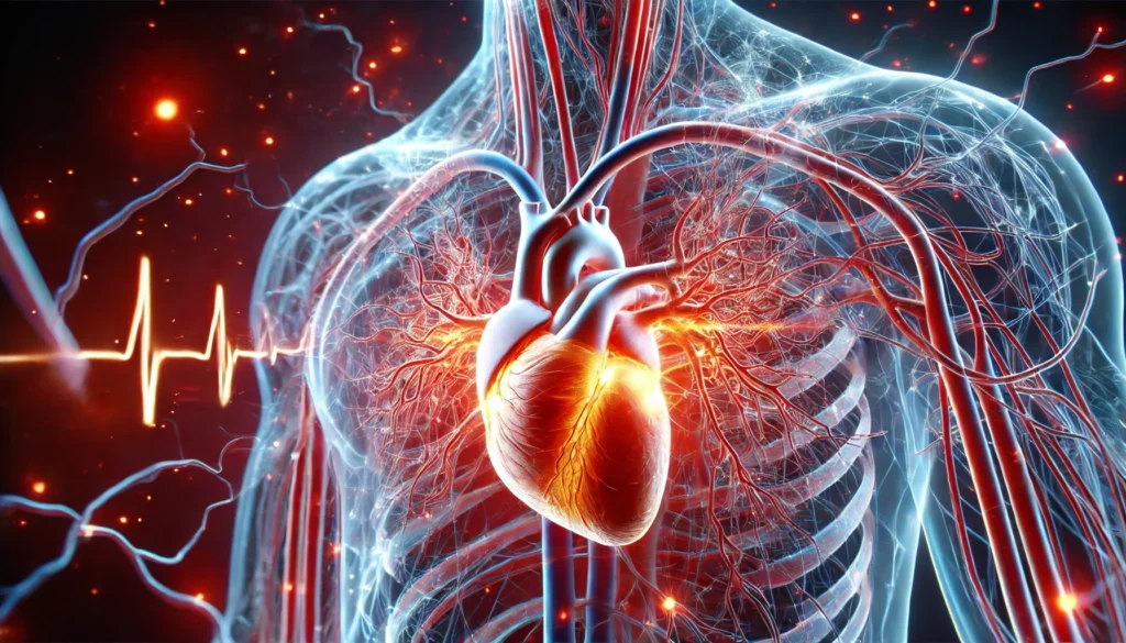 A futuristic visualization of a heart attack occurring inside the human body, showing arteries constricting and blood flow disruption, highlighting medical research advancements.