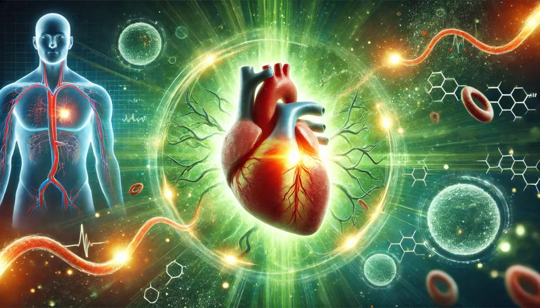An artistic rendering of a human heart with a glowing green aura, representing healing and regeneration as arteries clear from cholesterol buildup, visually depicting cardiovascular recovery.