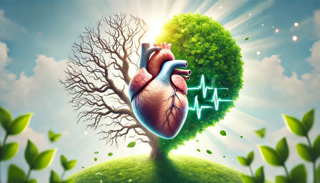 A metaphorical illustration of a heart-shaped tree, where one side appears withered and the other lush and green, symbolizing the potential for heart disease reversal through lifestyle changes and medical interventions.