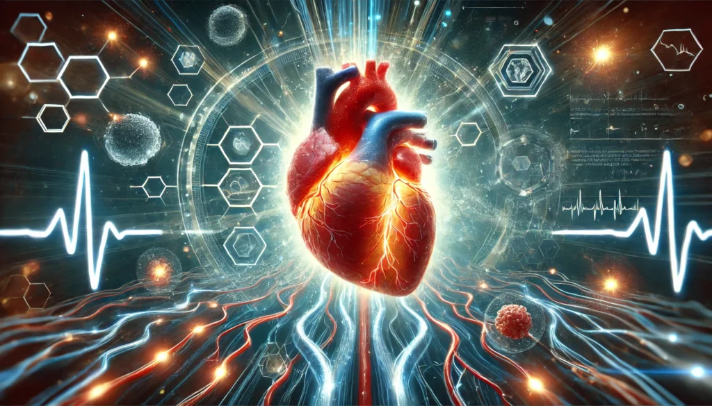 An abstract medical visualization of a human heart being repaired by glowing energy waves and microscopic healing cells, with arteries transitioning from clogged to clear, representing heart disease reversal.