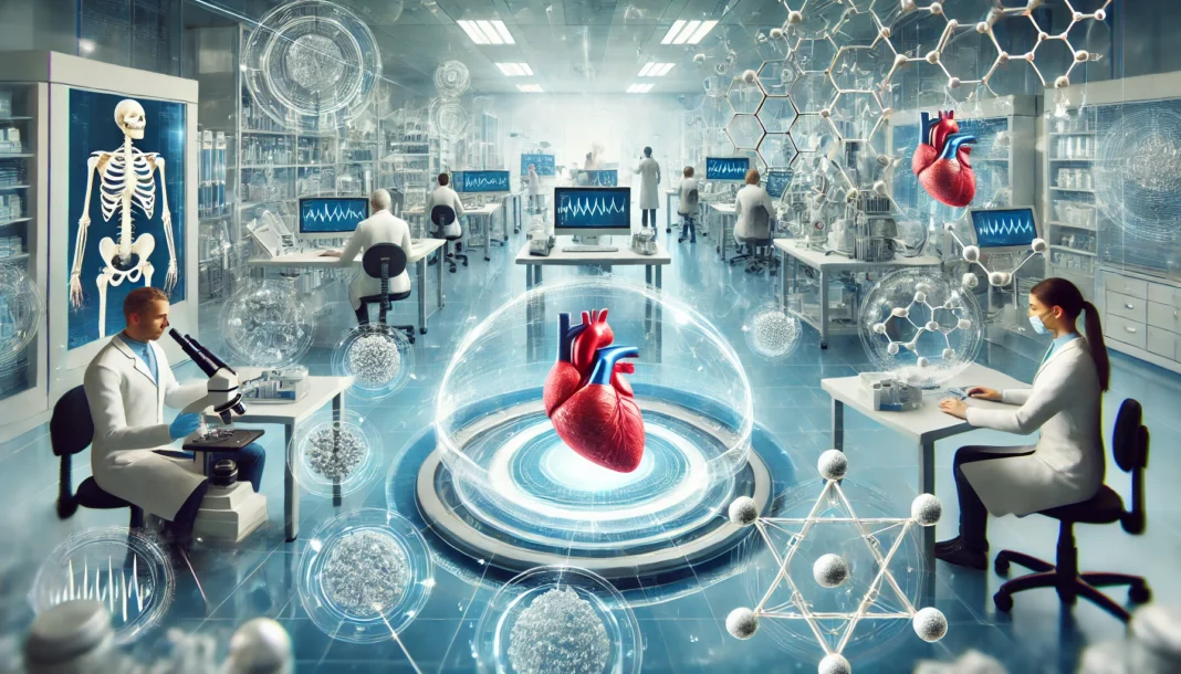 High-Tech Medical Laboratory – A futuristic lab with scientists developing advanced cardiovascular drugs, featuring holographic heart models and cutting-edge molecular research.