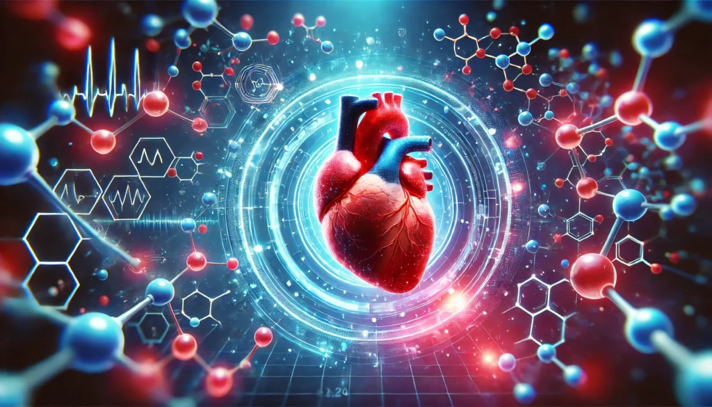 Digital Heart and Molecular Innovations – A glowing, high-tech heart surrounded by molecular structures symbolizing breakthrough drug development.