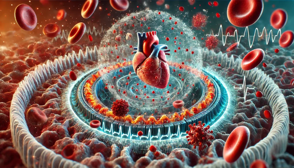 Microscopic View of Drug Interaction – A detailed 3D visualization of cardiovascular drugs interacting with blood cells, targeting unhealthy vessels for healing.