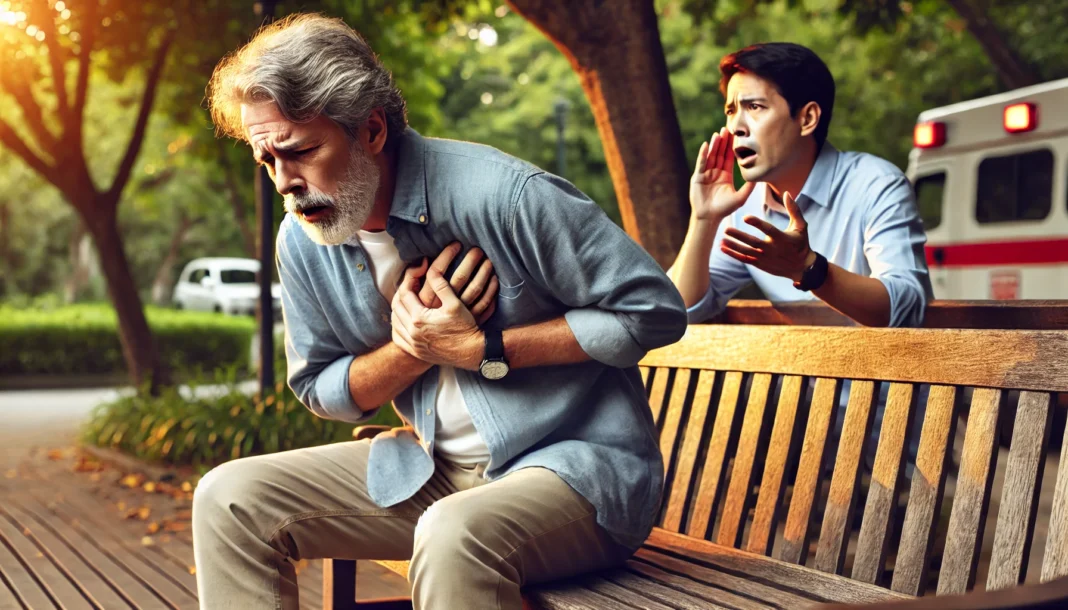 A middle-aged man clutching his chest in pain while sitting on a park bench, looking distressed. A concerned bystander is calling for help. The setting is a quiet, green park with warm sunlight filtering through the trees.