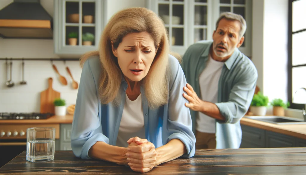 A woman in her 50s experiencing sudden dizziness, holding onto a kitchen counter for support. Her spouse in the background looks worried and is reaching out to assist. The setting is a home kitchen with natural daylight.