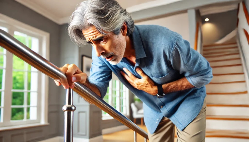 An older man with gray hair sweating profusely and feeling faint while gripping the handrail of a staircase. His face shows discomfort and fatigue. The background features a well-lit home interior with stairs leading to an upper floor.