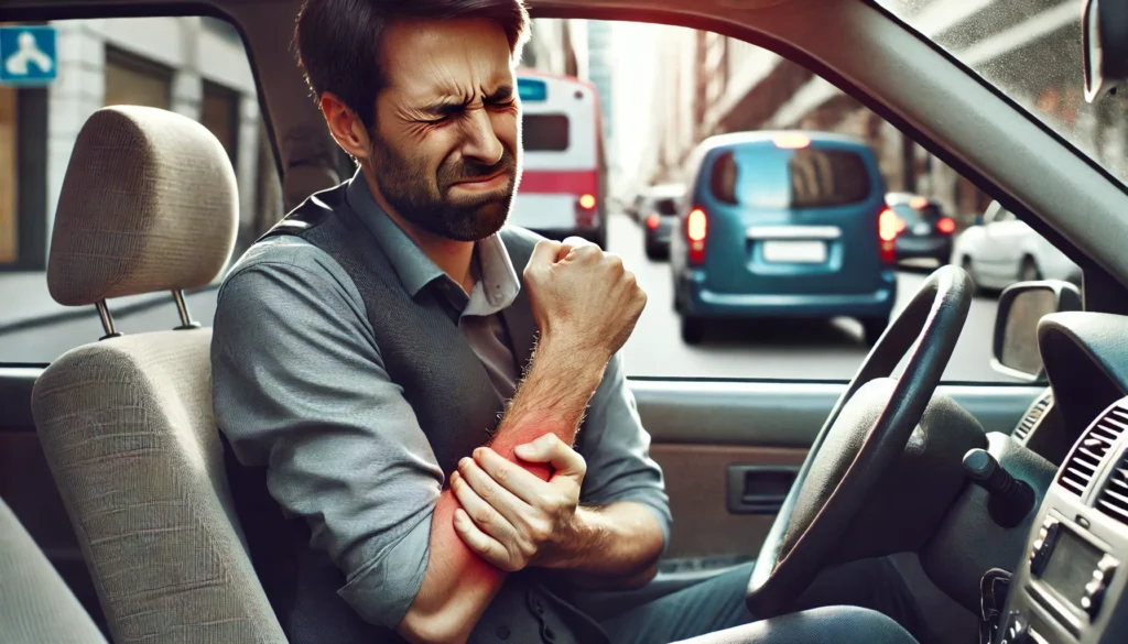 A man in his 40s with a pained expression, holding his left arm in discomfort. He is sitting in a car, gripping the steering wheel tightly while looking distressed. The background shows a busy city street with blurred traffic and buildings.