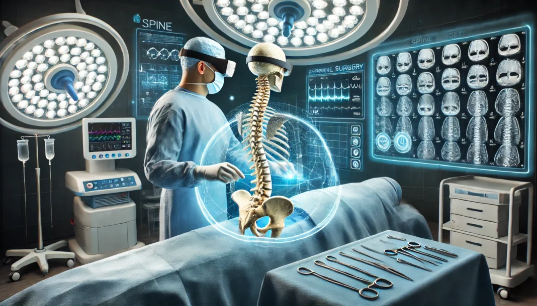 Surgeon performing advanced spine surgery in a futuristic operating room, using augmented reality glasses with 3D holographic spinal anatomy projected above the patient