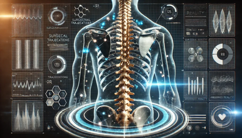 Futuristic digital rendering of a human spine with glowing augmented reality overlays, showing anatomical details, surgical paths, and data visualizations against a high-tech interface.