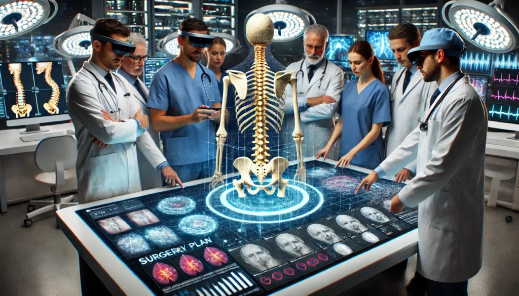 Medical research team analyzing a holographic spine model on an augmented reality table, surrounded by advanced surgical equipment and digital displays showing real-time data.