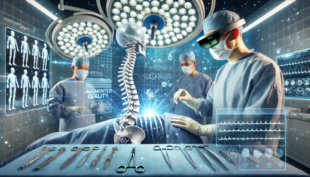 futuristic operating room where a surgeon wearing augmented reality (AR) glasses performs a complex spine surgery. The scene shows a holograme