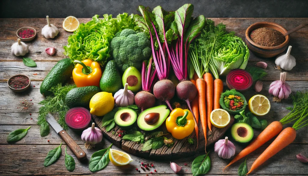A vibrant display of fresh liver-cleansing fruits and vegetables, including beets, carrots, leafy greens, avocados, lemons, and garlic, arranged on a rustic wooden table.