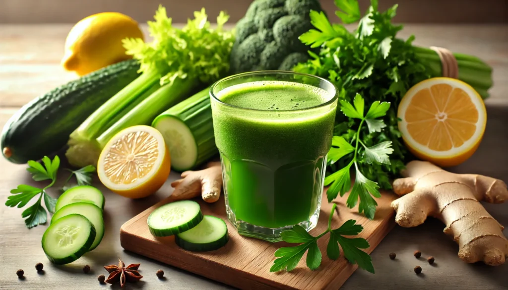 A refreshing green detox juice made from celery, parsley, lemon, ginger, and cucumber, served in a clear glass with condensation, surrounded by its fresh ingredients.