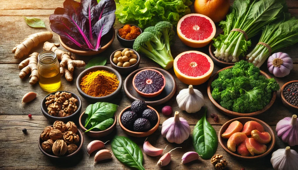 A colorful assortment of liver-detoxifying foods such as turmeric root, garlic, leafy greens, grapefruit, and walnuts arranged in small bowls on a rustic wooden table.