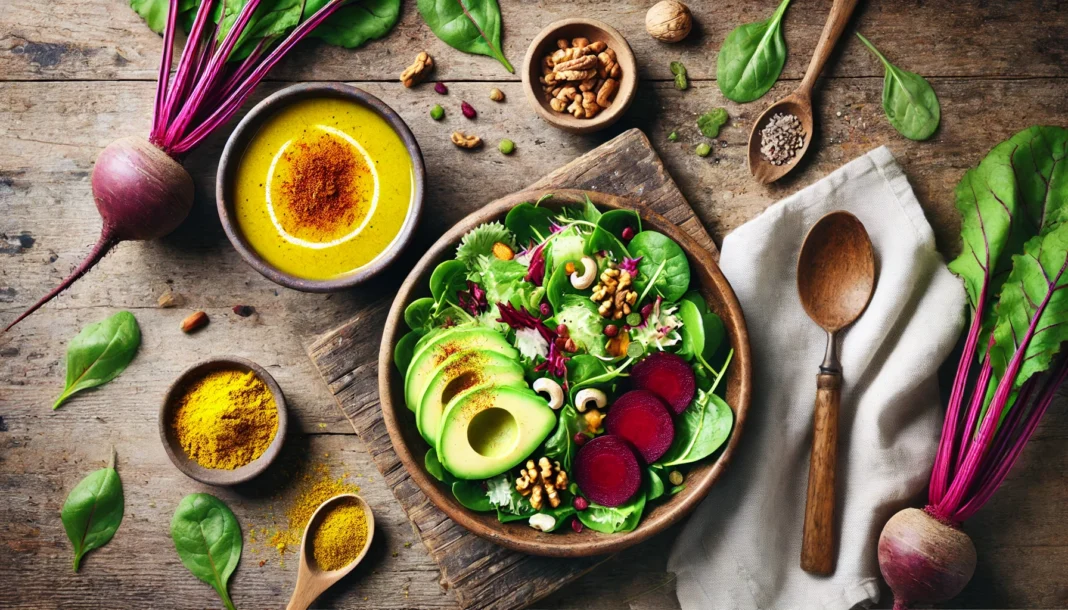 A wholesome liver-detox meal featuring a fresh salad with leafy greens, beets, avocado, and nuts, alongside a bowl of warm turmeric-infused soup, presented on a rustic wooden table