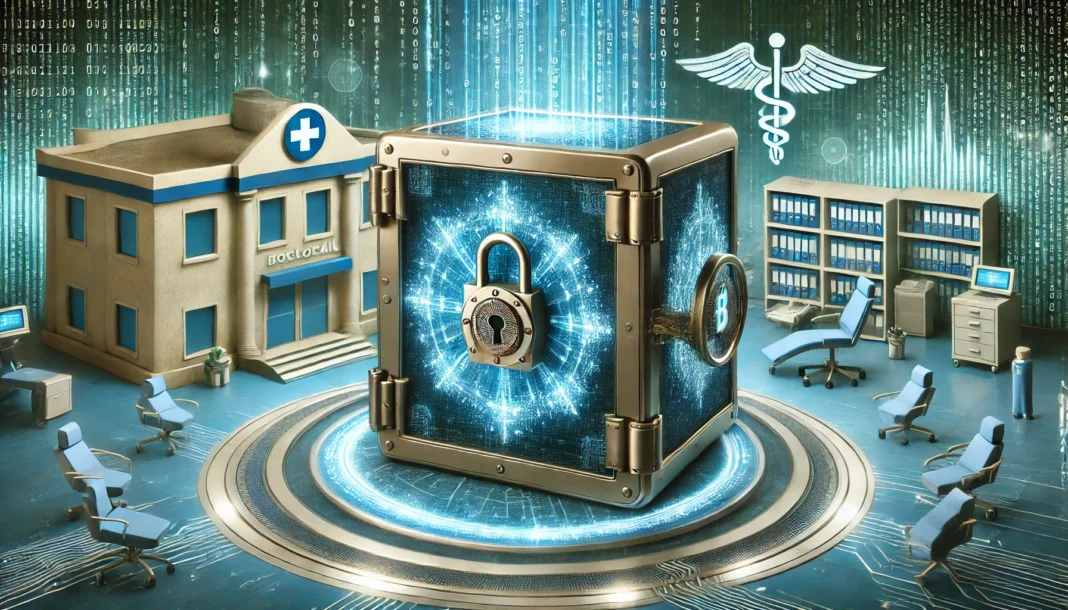 Conceptual digital vault protected by blockchain technology, containing encrypted medical records, surrounded by a high-tech hospital environment, representing secure data storage and blockchain integration in modern healthcare.