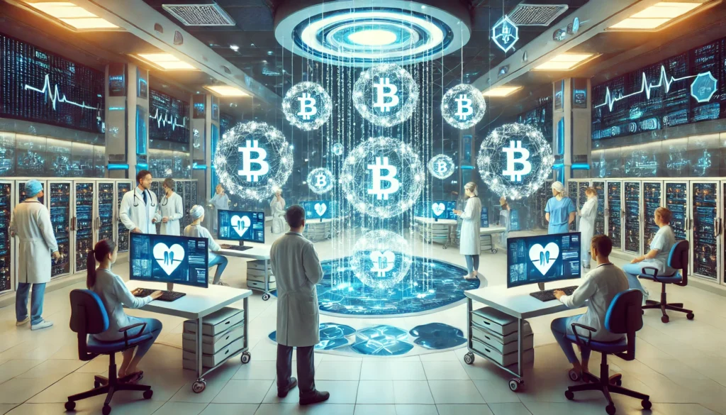 Futuristic hospital data center with interconnected glowing blockchain nodes and digital chains, featuring doctors and technicians interacting with holographic patient data interfaces, symbolizing secure blockchain medical records and healthcare innovation.