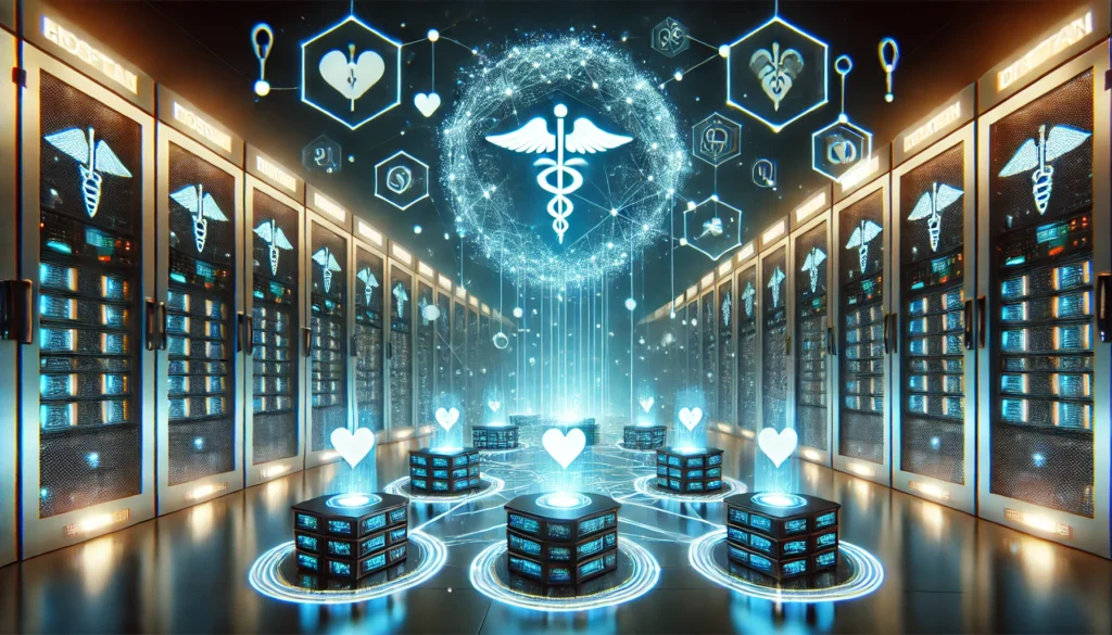 Futuristic hospital data center with glowing blockchain nodes and holographic medical records, symbolizing secure and decentralized patient data systems.