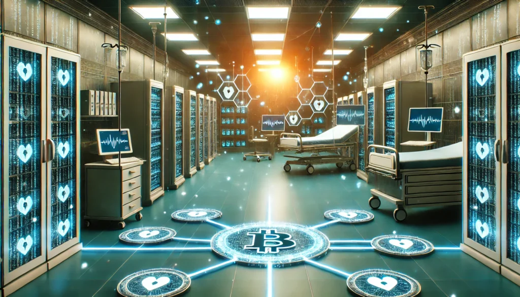 A futuristic hospital data center with glowing blockchain nodes securely linking advanced medical servers, illustrating blockchain-powered patient data security and innovation in healthcare technology.