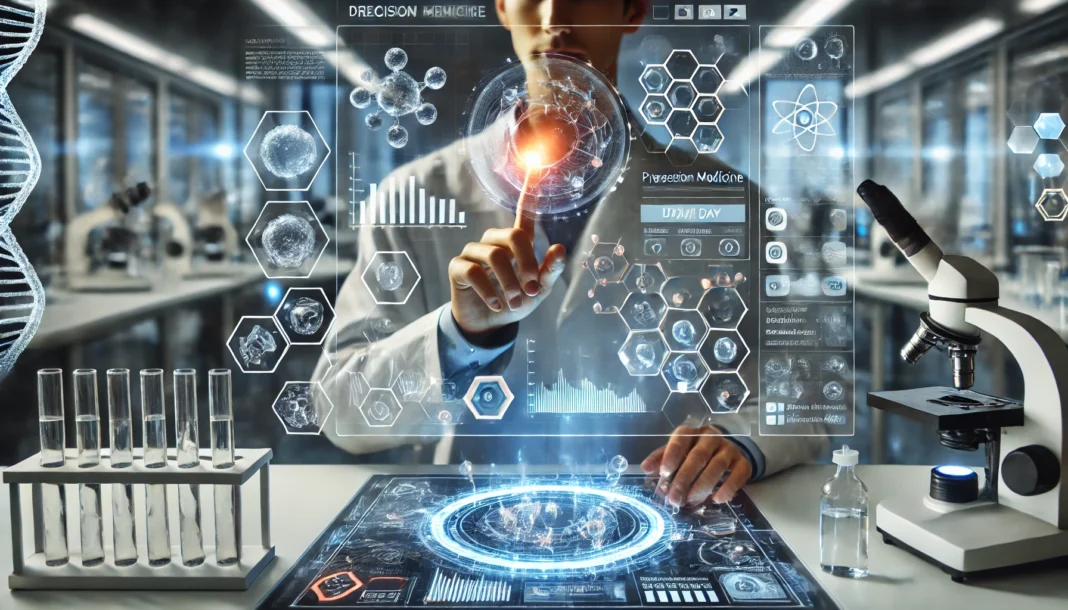 A scientist in a futuristic lab using a holographic interface to examine patient genetic data, surrounded by advanced biotechnology equipment and floating molecular structures.