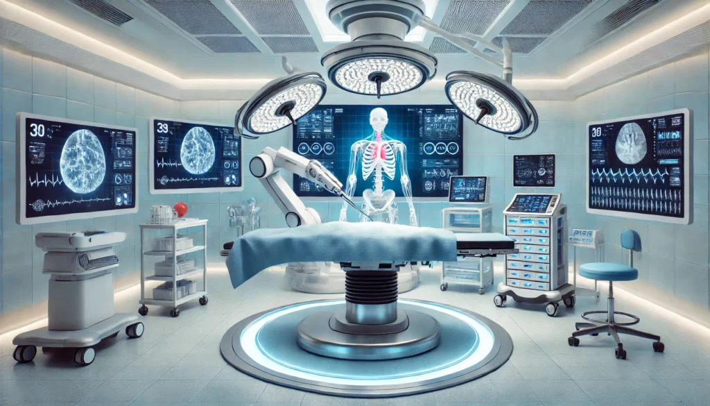 A futuristic medical research lab focused on gene editing, with scientists working at holographic DNA models and high-tech workstations, highlighting biotechnology and CRISPR innovations.