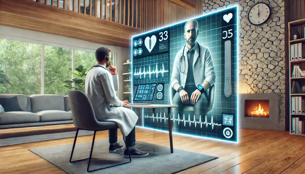 A telemedicine consultation between a doctor on a digital screen and a patient at home wearing a wearable health device, showcasing remote monitoring and virtual healthcare technology.