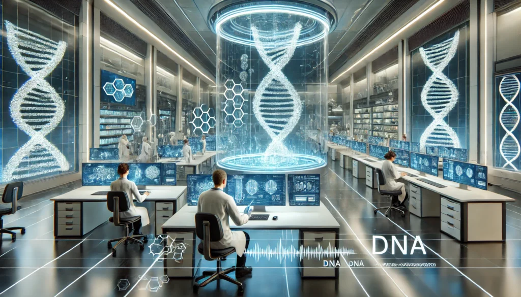 A futuristic medical research lab focused on gene editing, with scientists working at holographic DNA models and high-tech workstations, highlighting biotechnology and CRISPR innovations.