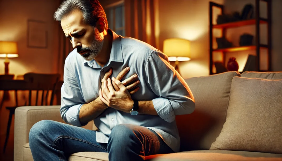 A middle-aged man sitting on a couch, clutching his chest with a pained expression. The warm living room setting emphasizes discomfort, indicating potential heart disease symptoms.