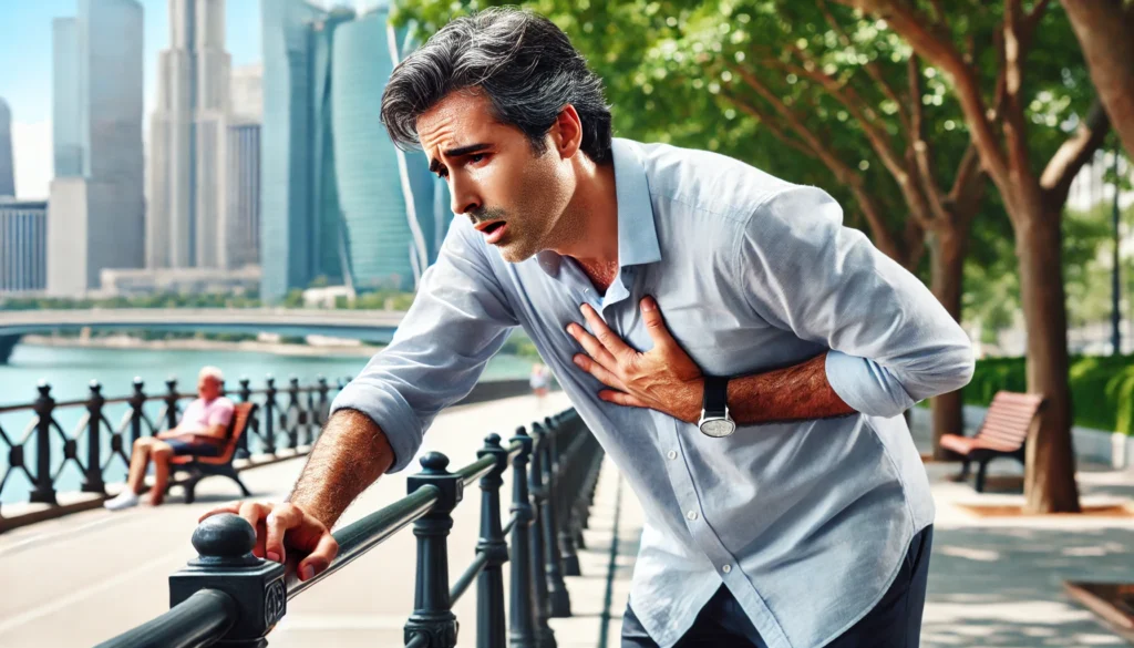A man in his 40s or 50s sweating profusely and appearing dizzy while walking outdoors. He holds onto a railing for support in a city park, highlighting early signs of heart disease.