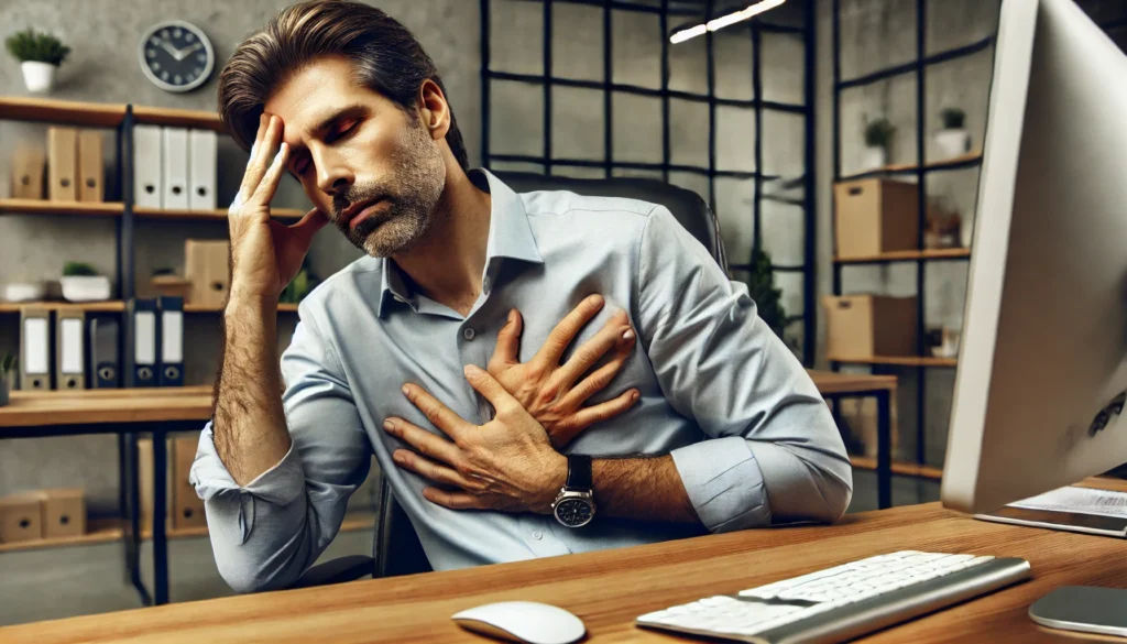 A fatigued middle-aged man sitting at his office desk, holding his head with one hand and appearing short of breath. The modern office setting includes a computer and documents, indicating work-related stress and potential heart concerns.