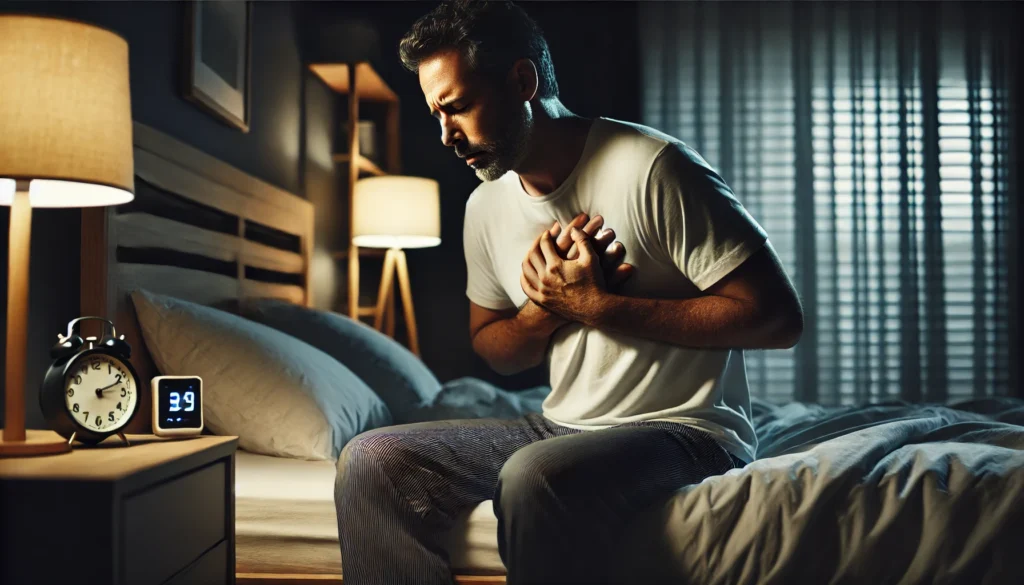 A man in his 50s or 60s waking up at night, sitting on the edge of his bed, rubbing his chest with a concerned expression. The dim bedroom lighting emphasizes discomfort and possible early heart disease symptoms.