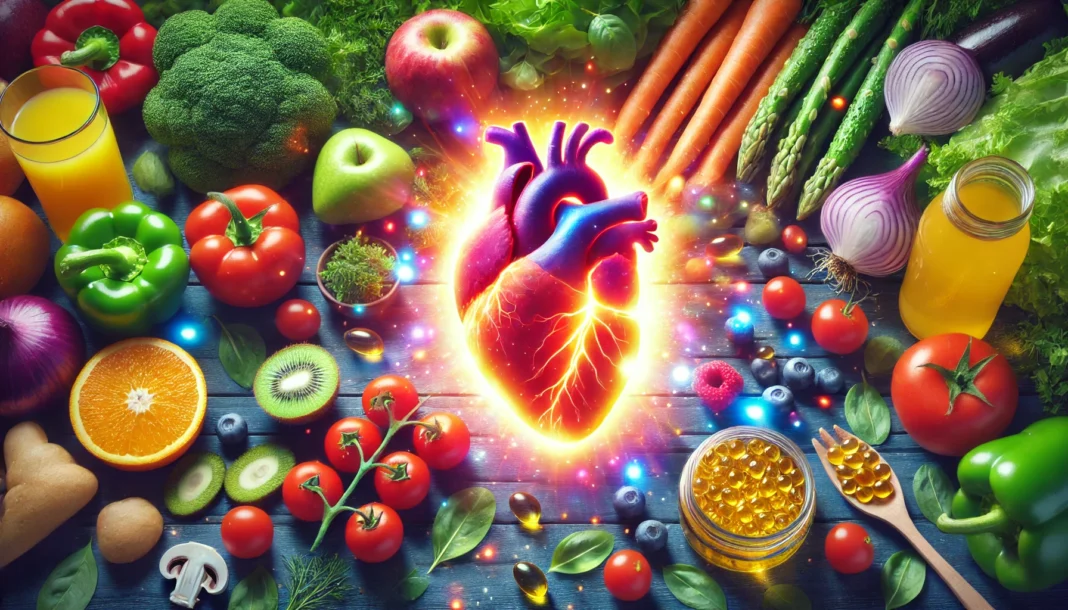 A vibrant, glowing human heart surrounded by fresh vegetables, fruits, and omega-rich foods. The image symbolizes cardiovascular wellness and highlights the importance of a healthy diet in preventing heart disease.