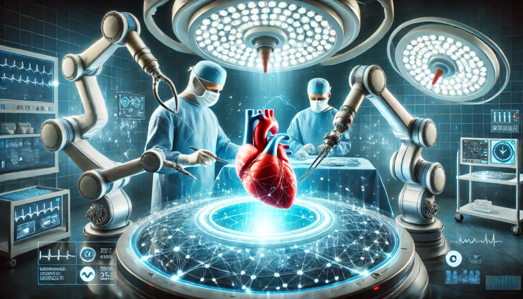 An advanced robotic-assisted heart surgery taking place in a high-tech operating room. Surgeons use precision robotic arms to perform a minimally invasive heart procedure, representing medical breakthroughs in cardiovascular surgery.