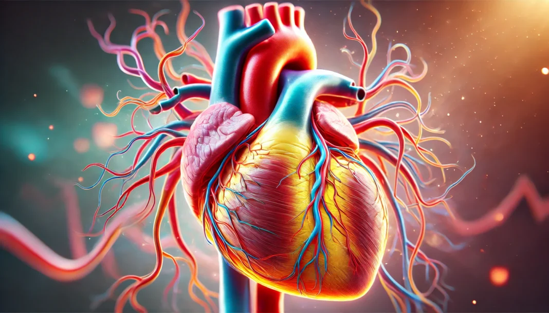 A realistic anatomical depiction of the human heart, showcasing its chambers, valves, arteries, and veins with vibrant colors and a semi-transparent overlay to reveal internal structures.