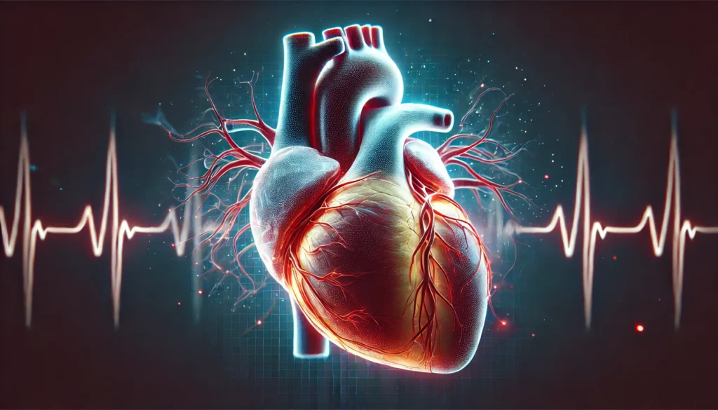 A dynamic 3D-rendered image of a human heart in motion, highlighting blood flow through arteries and veins with a semi-transparent effect and realistic lighting.