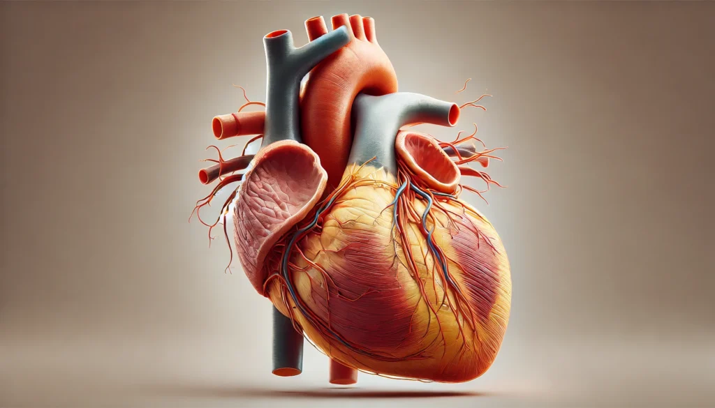 A highly detailed and realistic cross-section of the human heart, showcasing its inner chambers, valves, and major blood vessels with anatomical precision.