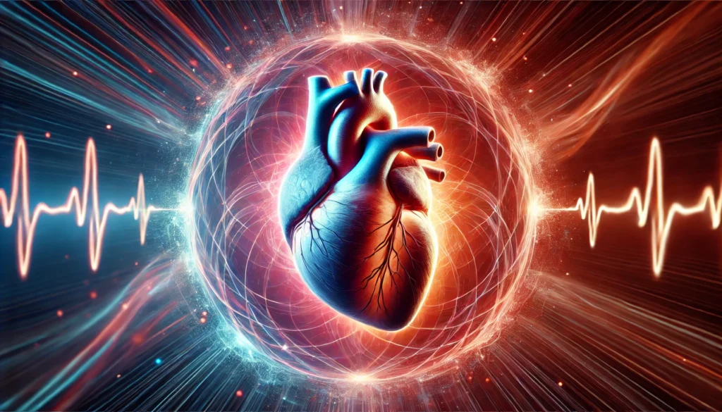 A scientifically accurate yet artistic depiction of the human heart, surrounded by a glowing energy field symbolizing vitality, with a pulsating three-dimensional effect.