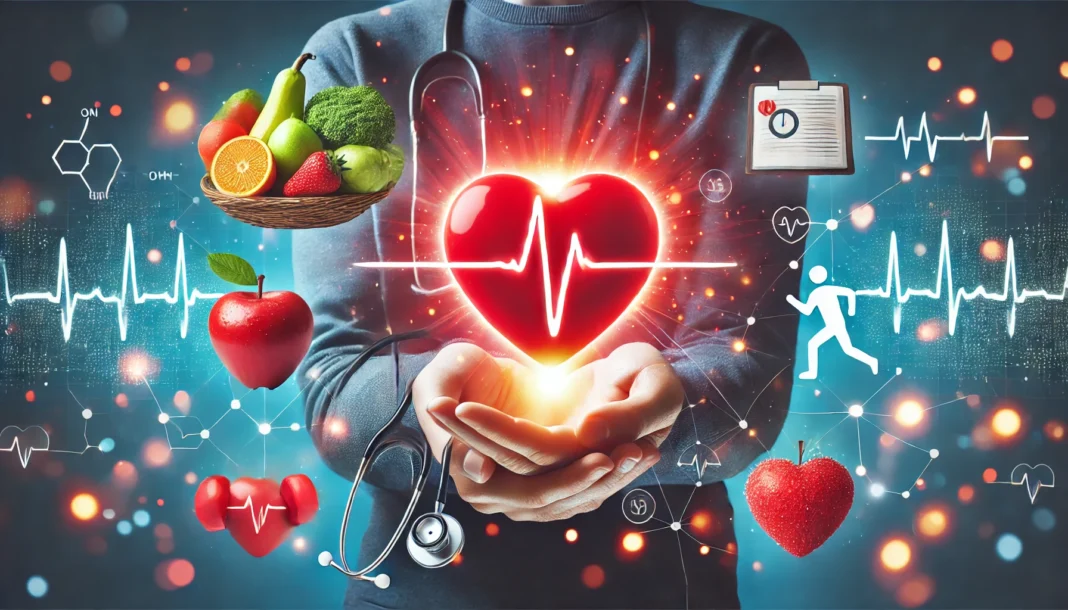 A doctor holds a glowing red heart with a pulse, surrounded by floating health-related icons such as fruits, a dumbbell, a stethoscope, and a running figure, symbolizing lifestyle changes that promote heart health.