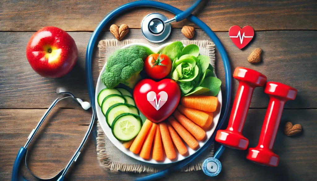 A balanced plate of nutritious food, a stethoscope, a dumbbell, and a red heart arranged together, symbolizing the key elements of diet, exercise, and regular checkups for cardiovascular health.